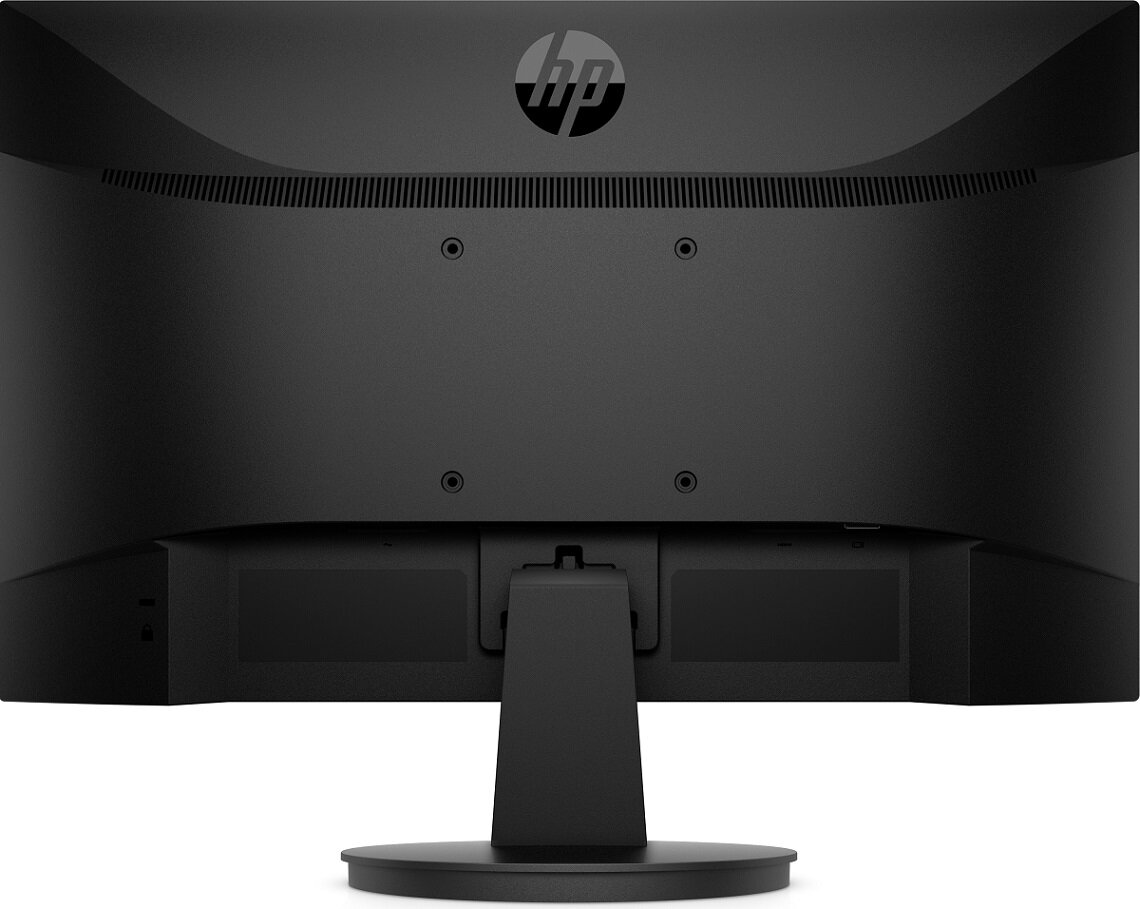Tył czarnego monitora komputera z logo HP i portami połączeniowymi.