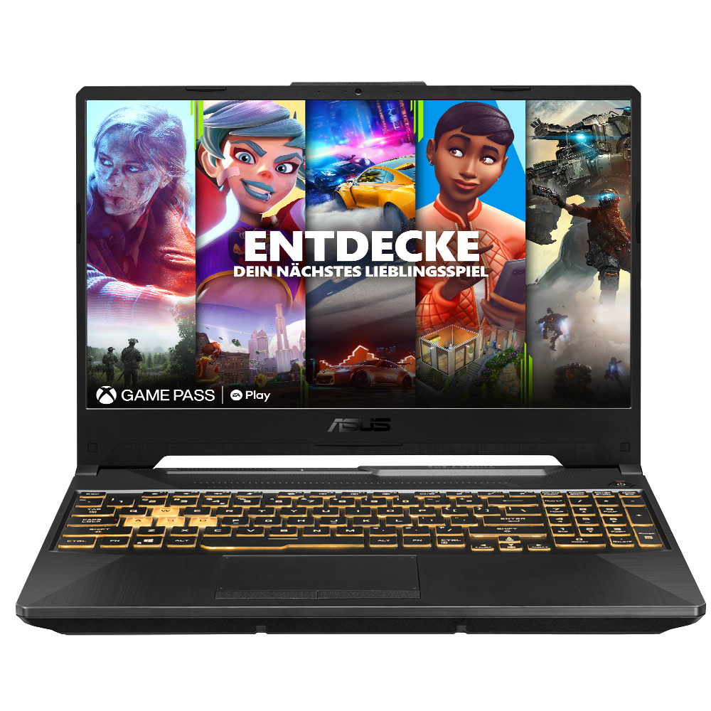 Ein Laptop-Bildschirm mit Spielauswahl, Text 'ENTDECKE' und 'ASUS'.