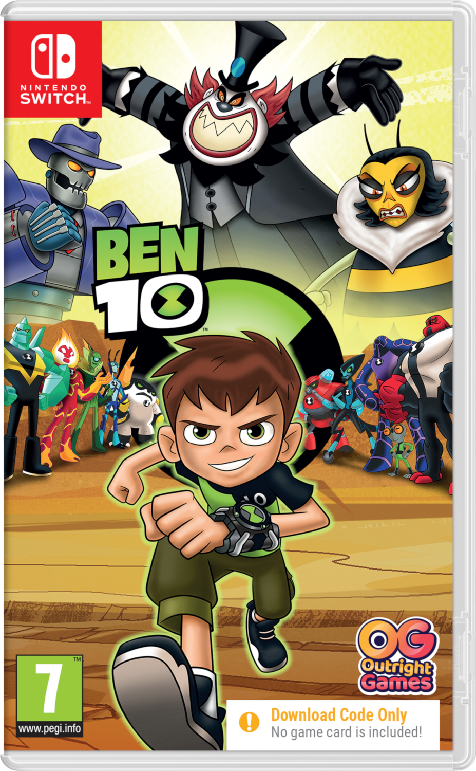 Ben 10 Nintendo Switch gamebox. Ben rent naar voren, verschillende alien-personages zijn zichtbaar.