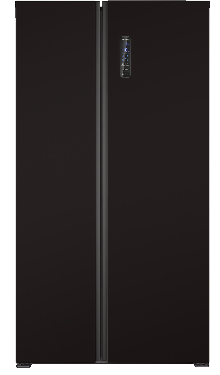 Ein schwarzer Side-by-Side-Kühlschrank. Er hat zwei Türen mit digitaler Anzeige. Die Anzeige zeigt Temperaturen und Einstellungen.