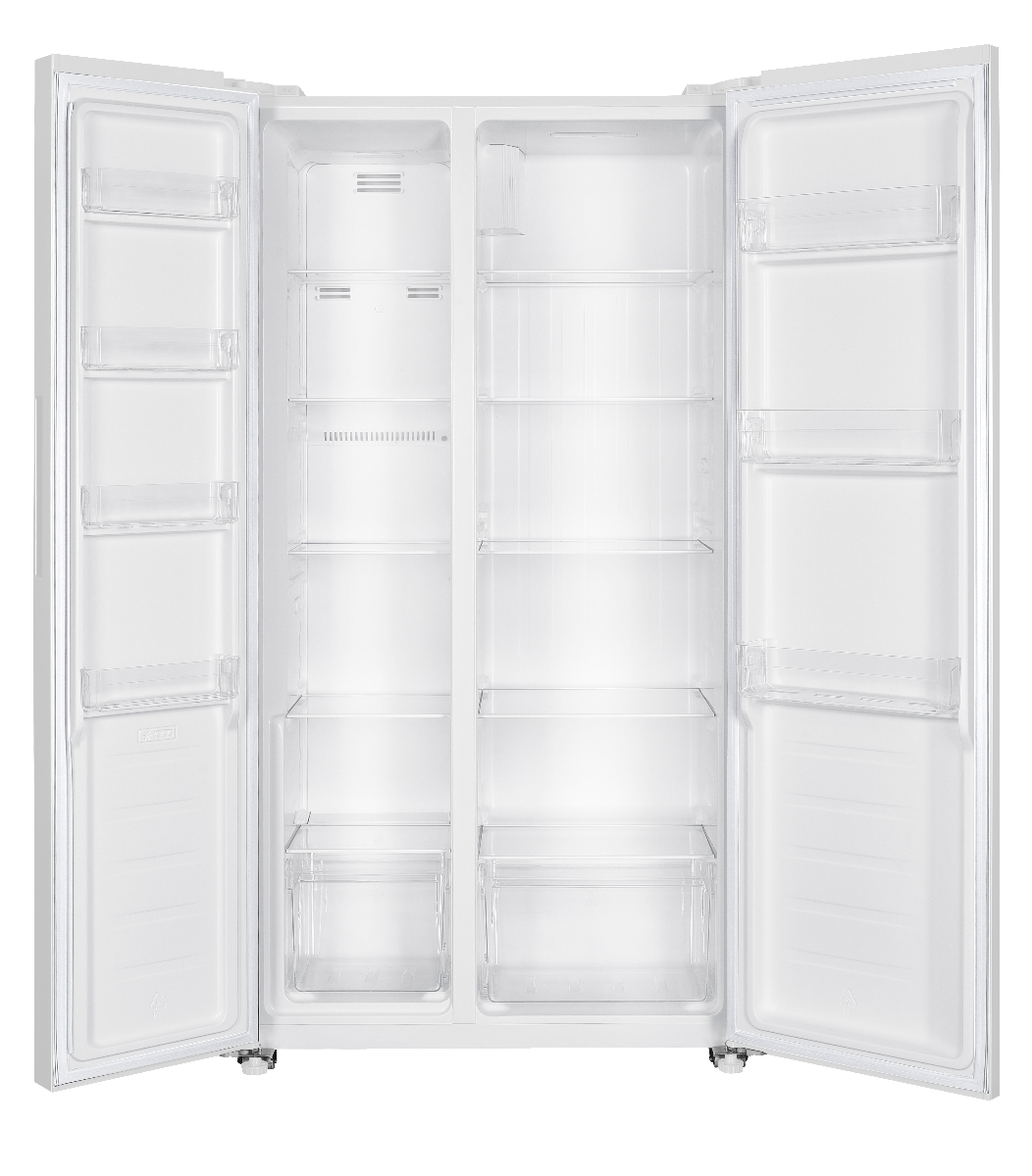 Ein weißer, offener Kühlschrank zeigt leere Regale und Fächer. Die Türen sind weit geöffnet und geben den Innenraum frei.