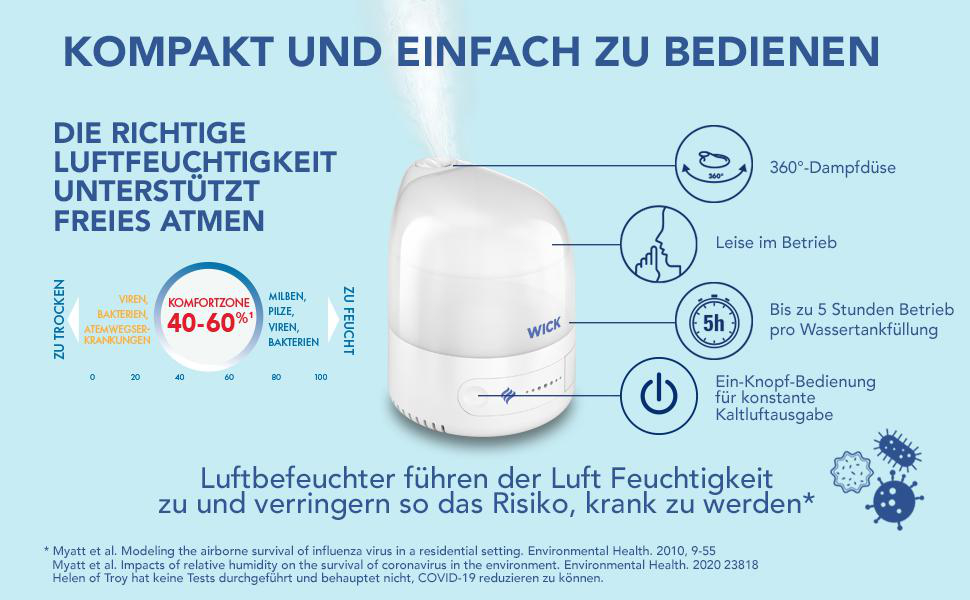 Ein weißer Luftbefeuchter mit Knöpfen, Diagrammen und Text zu seinen Funktionen und Vorteilen.