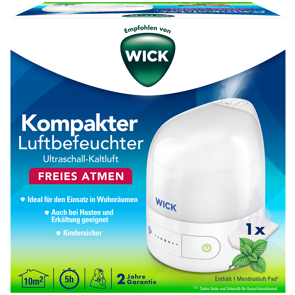 Weiße Luftbefeuchterbox mit Text. Mentholpad und Wick-Logo sind sichtbar.