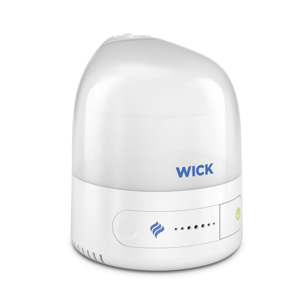 Weißer Luftbefeuchter mit blauem 'WICK'-Logo. Er hat eine abgerundete Oberseite und ein Touchpanel unten.