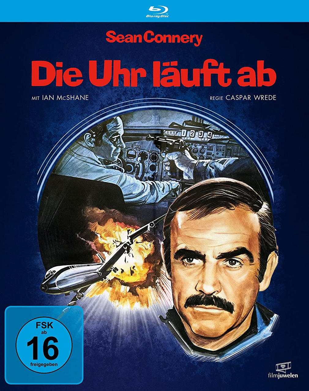 Filmposter mit Sean Connery, ein brennendes Flugzeug und Text in Rot und Weiß.