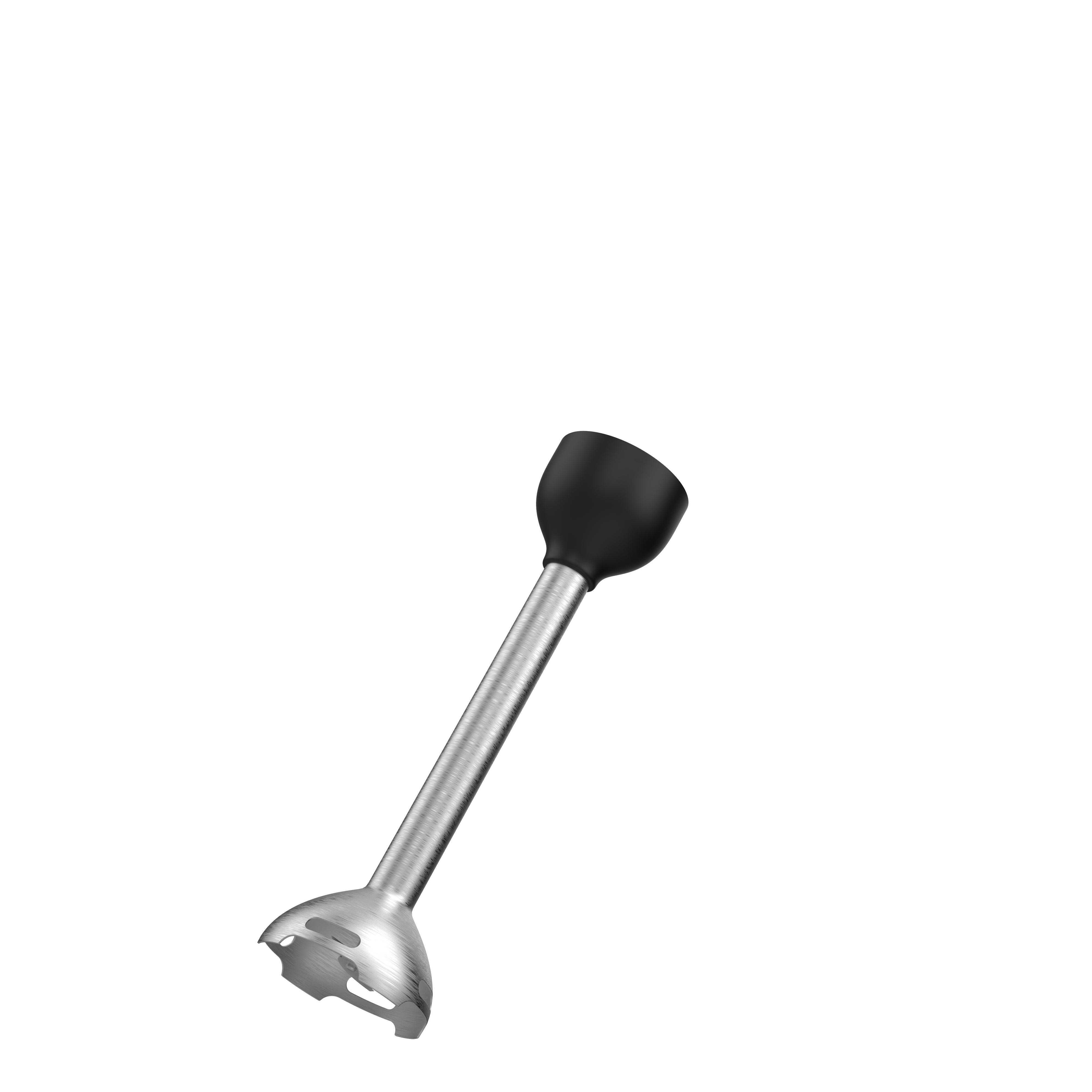 Ein silberner Stabmixer-Aufsatz mit schwarzem Oberteil, isoliert auf weißem Hintergrund.