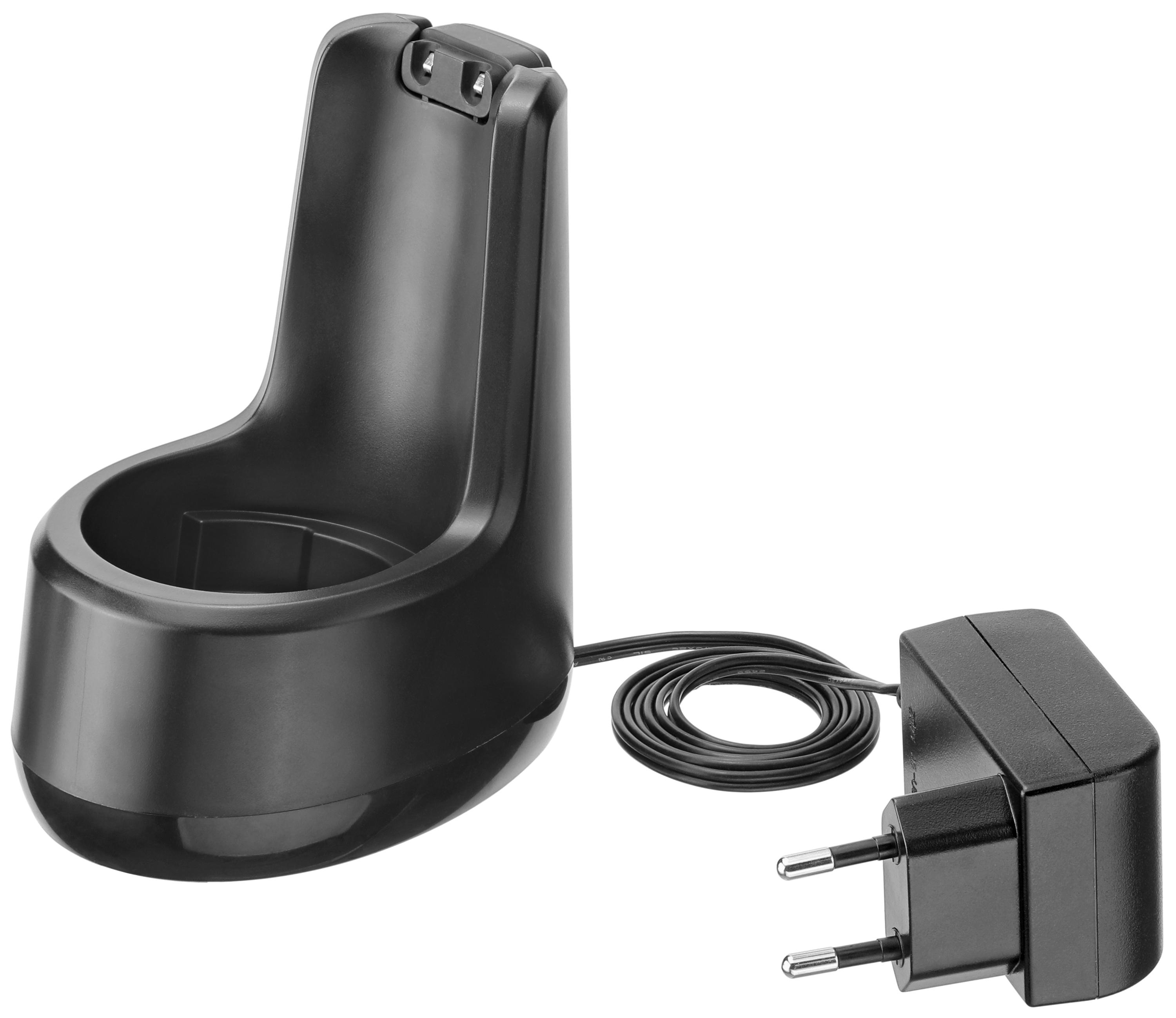 Schwarze Ladestation mit Stecker und Kabel.
