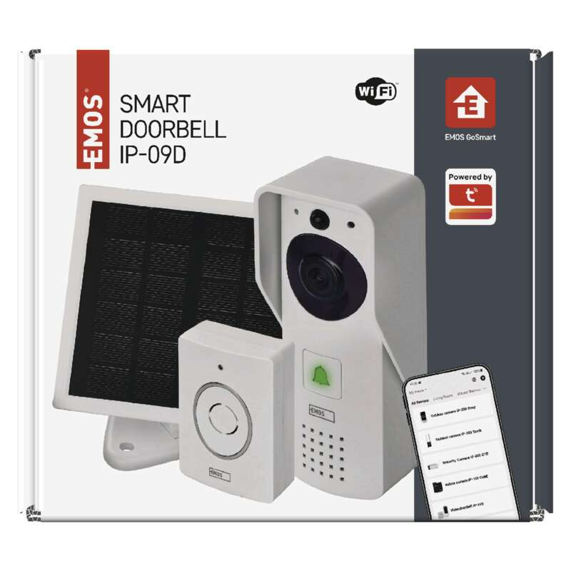 Fehér EMOS Smart Doorbell IP-09D, napelemmel, vevővel és telefon képernyővel.
