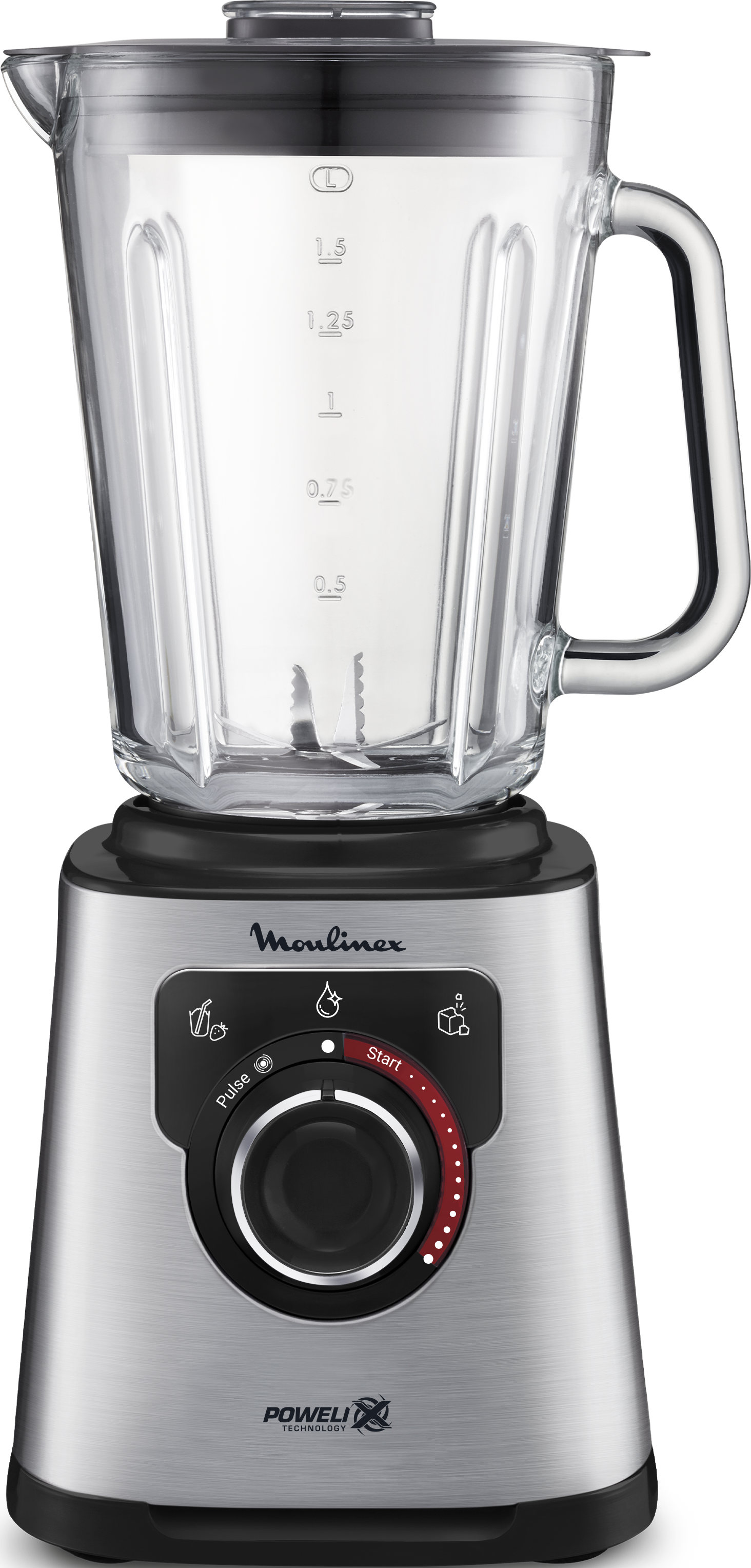 Silberner Mixer mit Glasbehälter, schwarzem Sockel und Bedienfeld mit roter 'Start'-Taste.