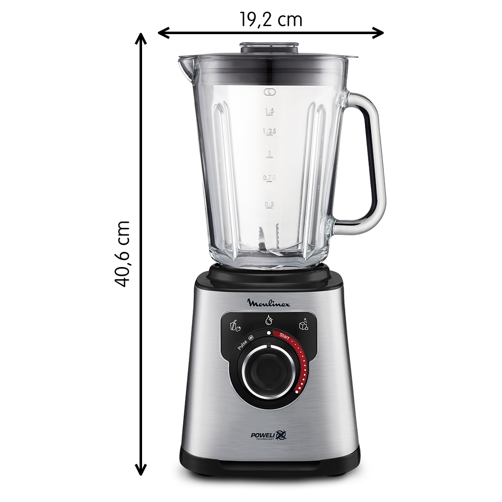 Mixer mit klarem Glasbehälter, silbernem Sockel und schwarzem Deckel, Maße sichtbar.