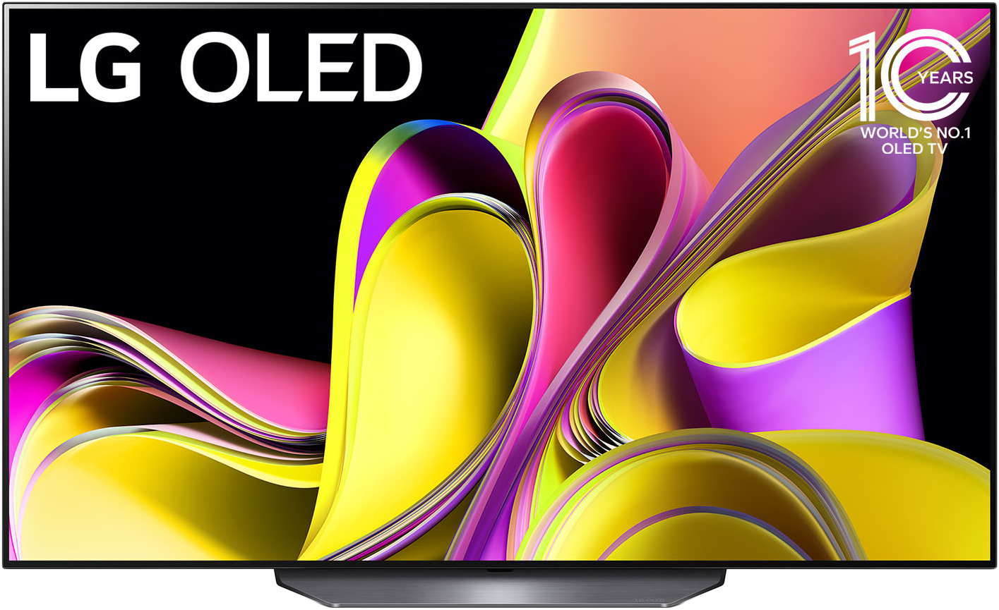Egy LG OLED TV színes absztrakt művészettel a képernyőn, fekete kerettel és állvánnyal.