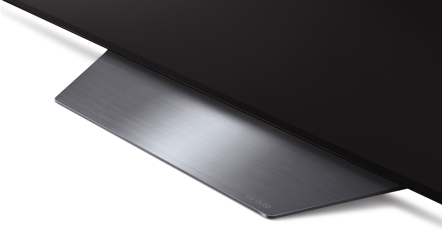 Fekete TV-állvány, LG OLED logó. Szögletes nézet, a fémes állvány aljzatát mutatja.