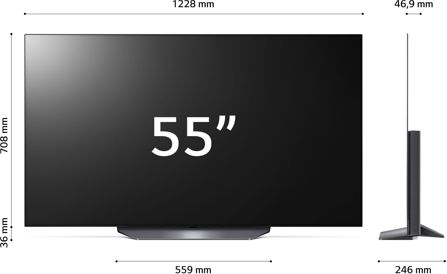 TV képernyő méretekkel mm-ben és hüvelykben. Fehér háttér.