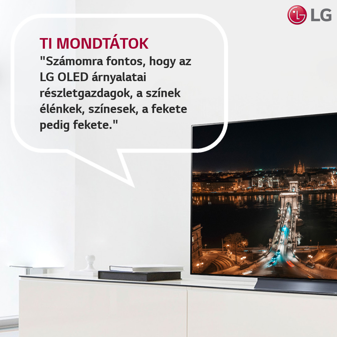 LG OLED TV éjszakai városképet mutat, idézettel a színekről és árnyalatokról.