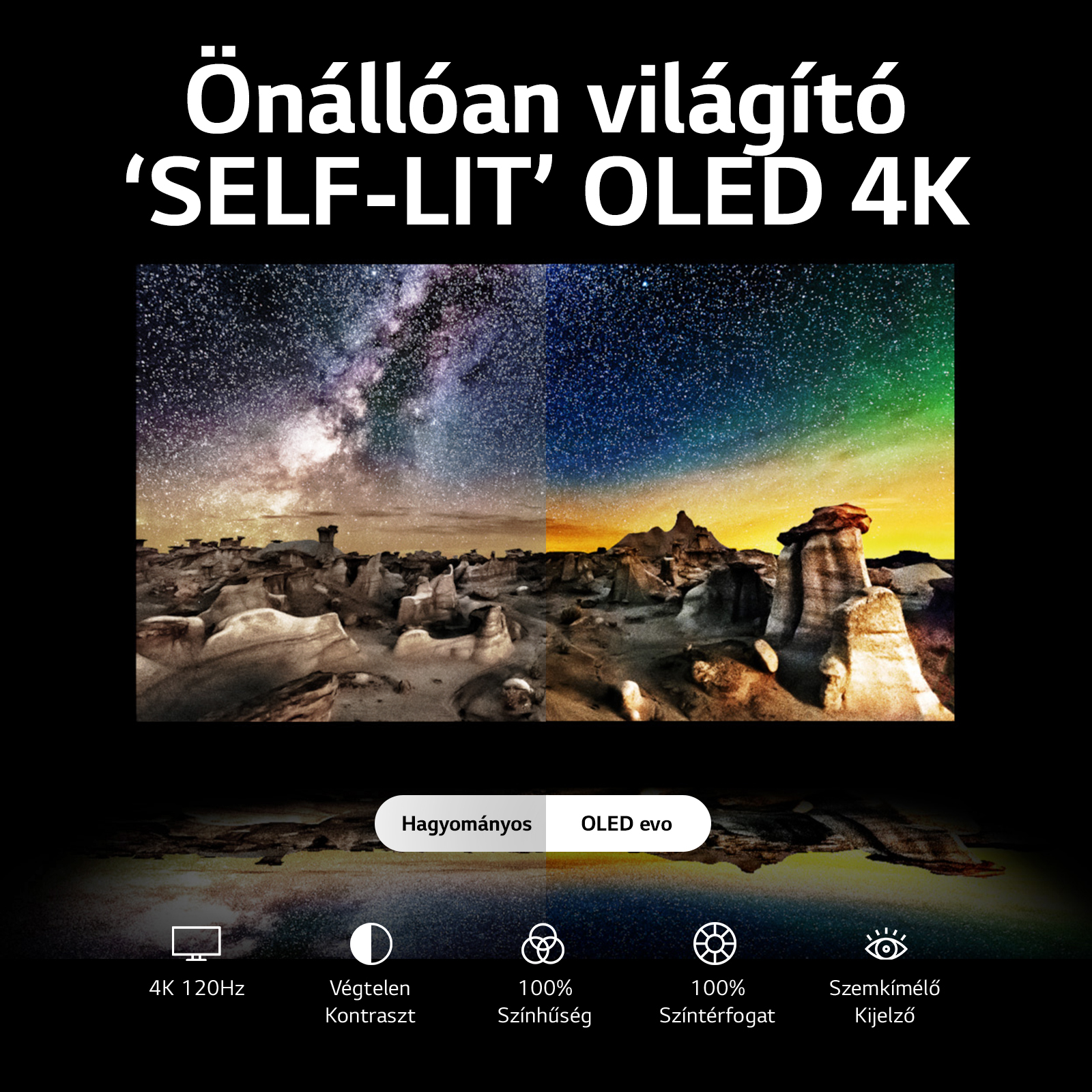 LG OLED TV színes tájjal, alatta technológiai ikonokkal.
