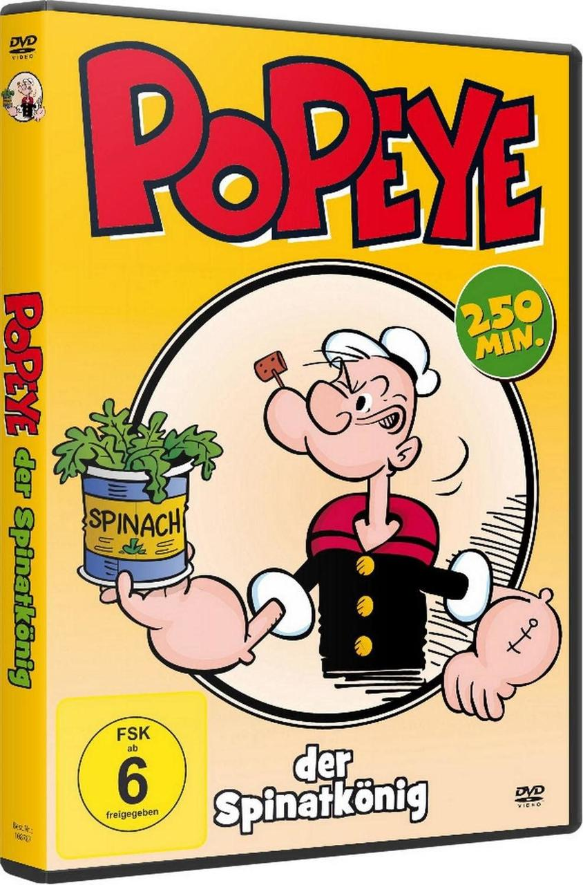 Popeye hält eine Spinatdose. Er ist auf einer DVD-Hülle mit Text auf Deutsch.