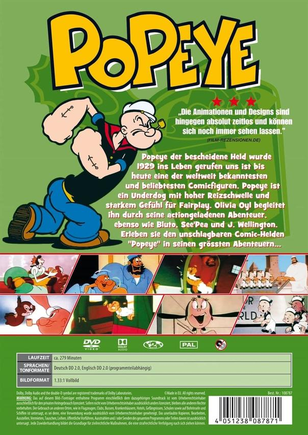 Eine DVD-Hülle von Popeye dem Seemann, mit Cartoon-Bildern und deutschem Text.