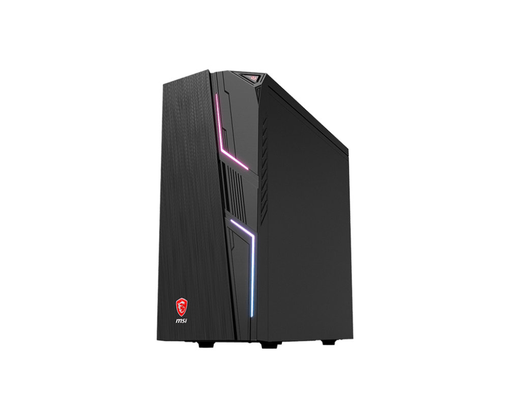 Caja de PC MSI negra con iluminación RGB. Luces rojas y azules. Fondo oscuro.