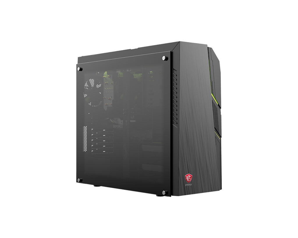 Una caja de ordenador MSI para juegos negra con un panel lateral transparente.
