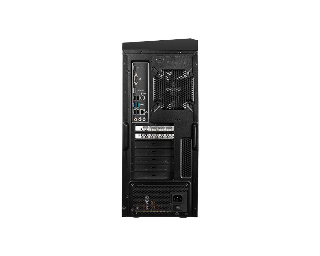 Vista trasera de una torre de computadora negra con puertos y una fuente de alimentación en la base.