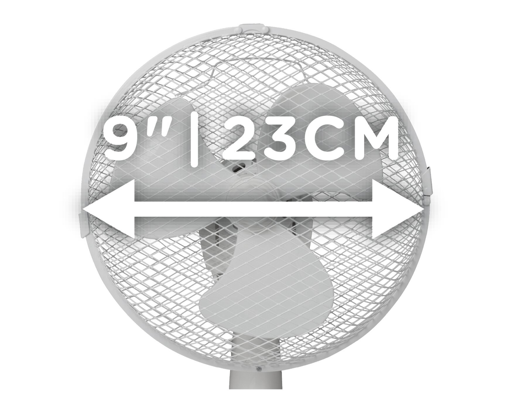 Fehér ventilátor védőráccsal, nyilakkal és a méretet jelző szöveggel: 9"|23CM.