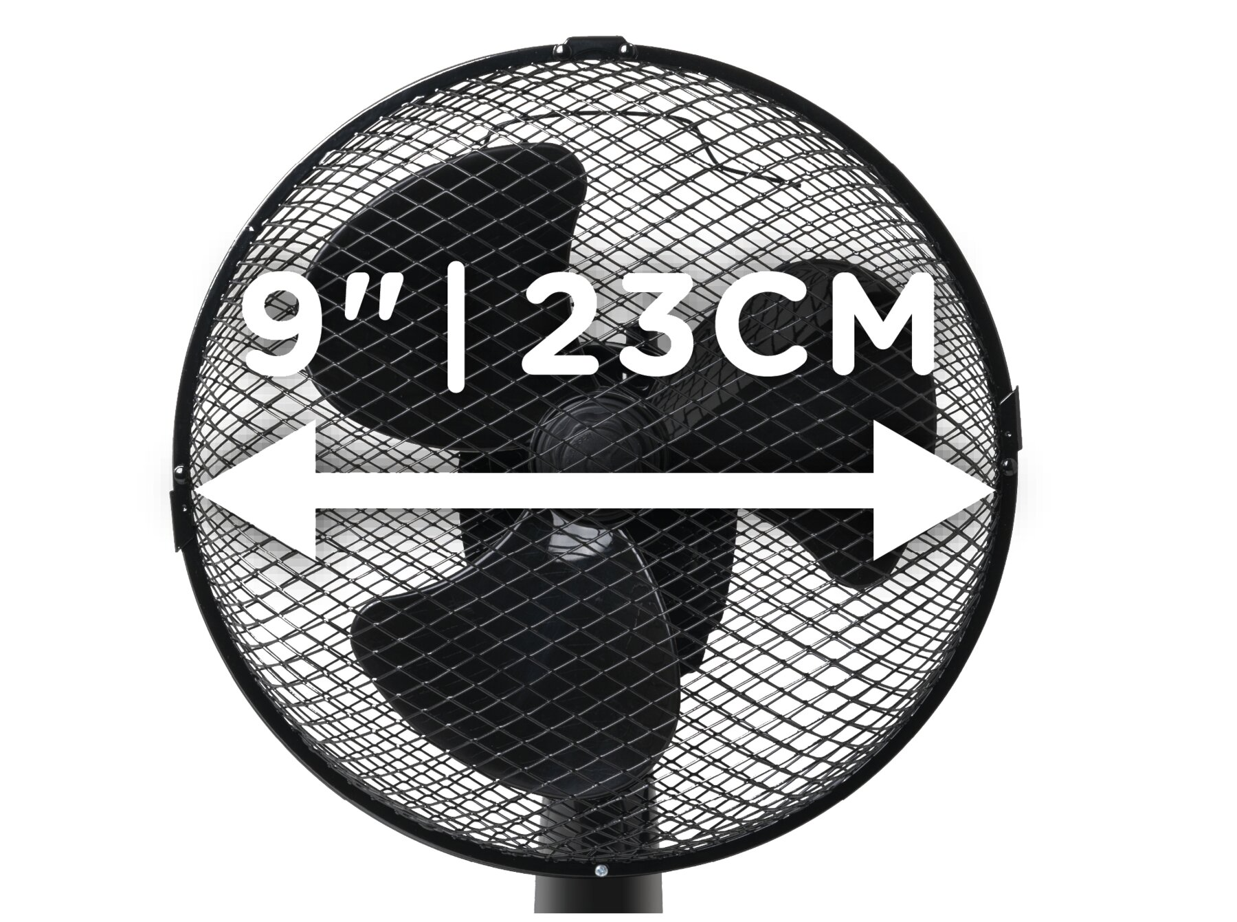 Fekete ventilátor 9" átmérővel. Fehér háttér. Mérés látható.