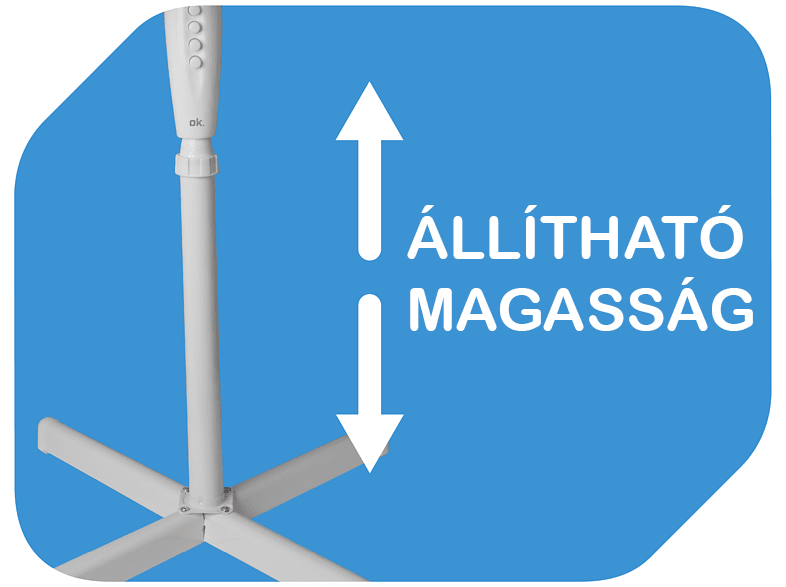 Fehér ventilátor alap és rúd, nyíllal a beállítható magasságra (magyar).