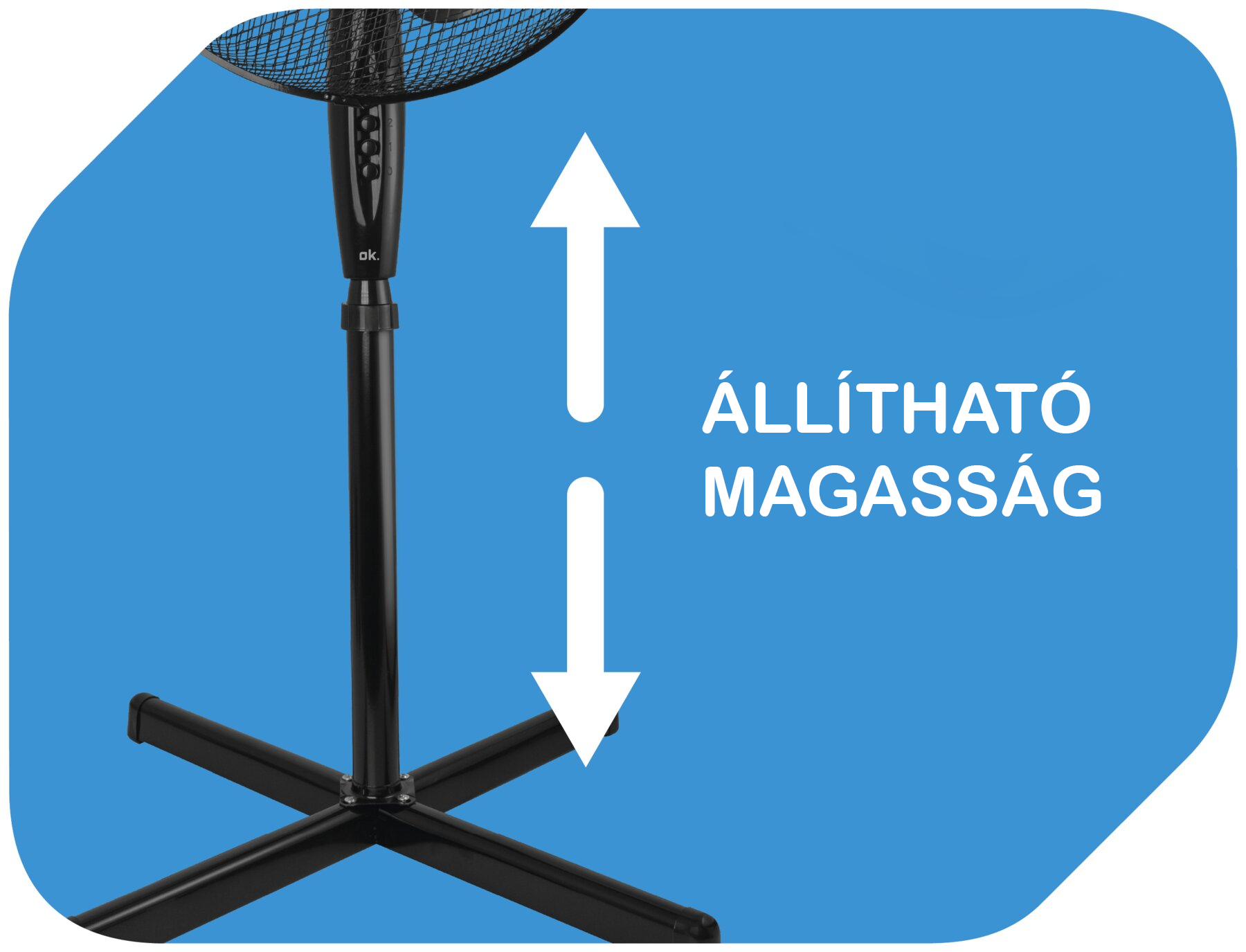 Fekete ventilátor állítható magassággal, nyilakkal és szöveggel jelezve.