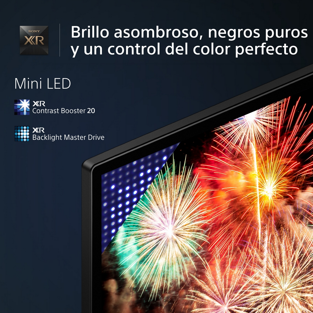 Pantalla de TV con fuegos artificiales. La pantalla muestra el XR Contrast Booster.
