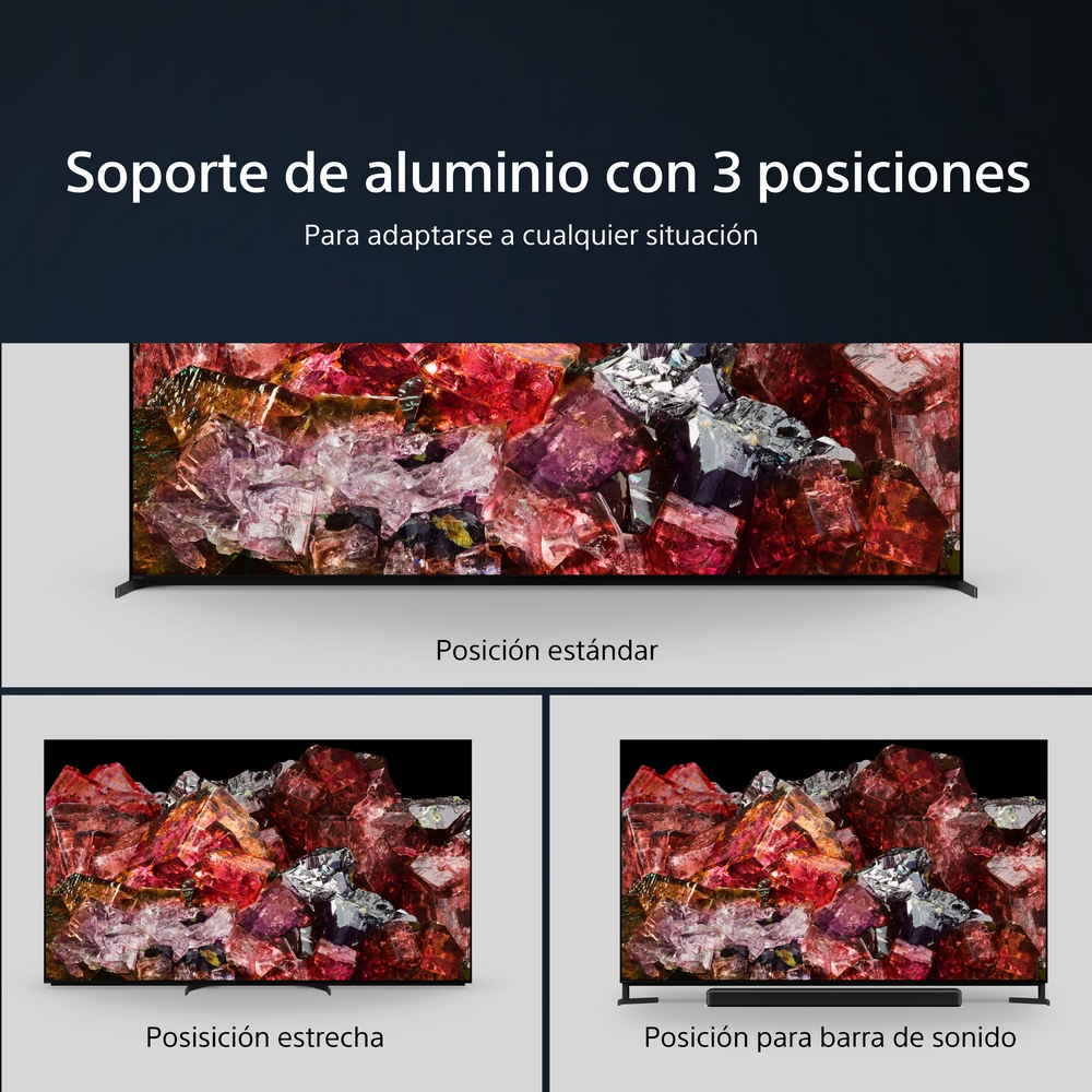 Tres vistas de un soporte de TV: estándar, estrecha y posición de barra de sonido. Soporte de aluminio.