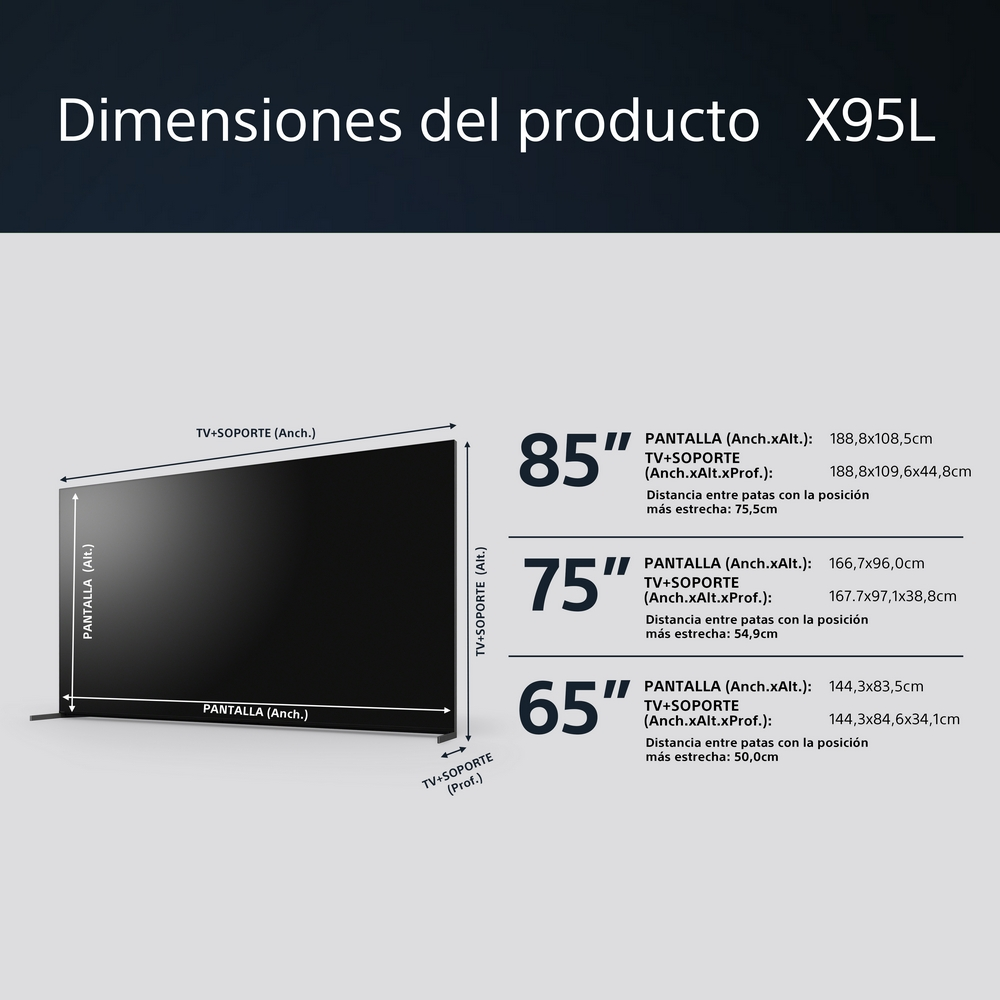 Diagrama de una pantalla de TV con dimensiones para modelos de 65", 75" y 85".
