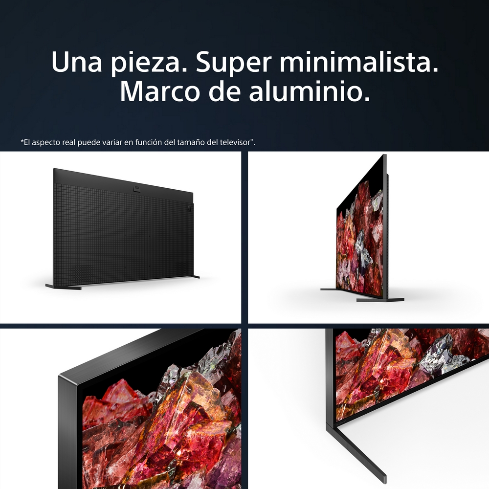 Múltiples imágenes muestran un televisor. Marco negro, varios ángulos de visión y detalles interiores.