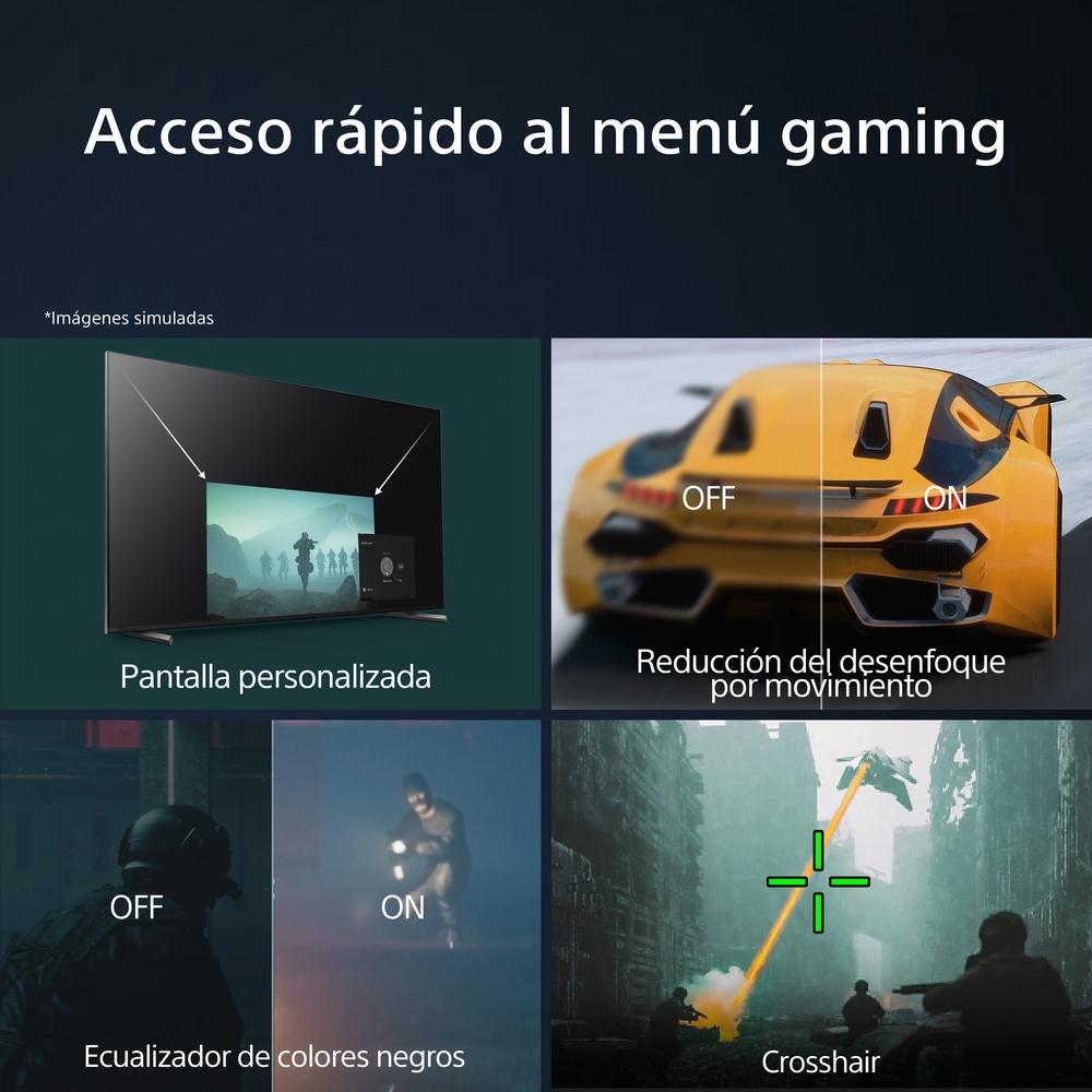 Cuatro imágenes que muestran las funciones de TV. Pantalla personalizada, reducción de desenfoque de movimiento, ecualizador de color negro y retícula.