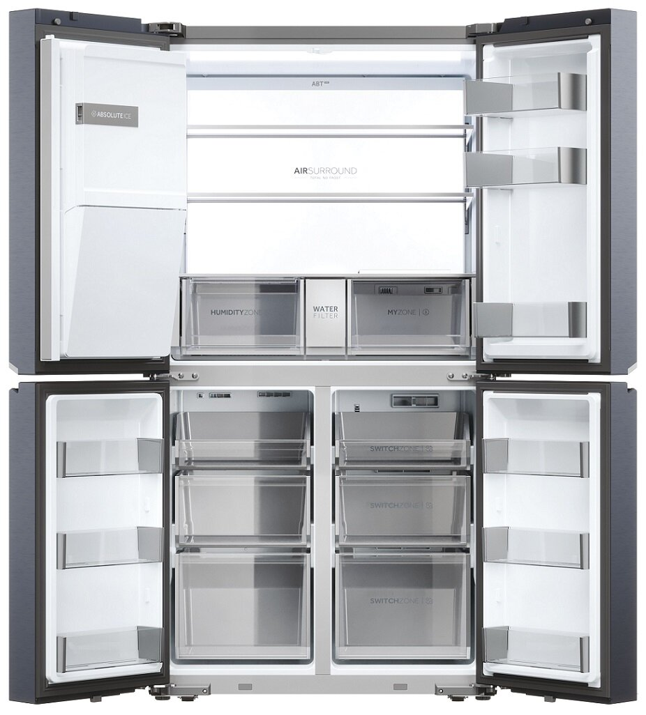 Wnętrze lodówki z otwartymi drzwiami. Wiele półek i szuflad. Kolory biały i szary.