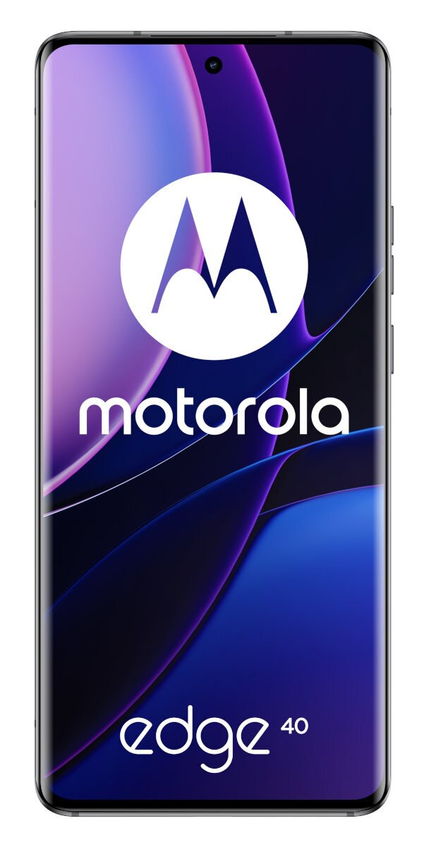 Telefon Motorola Edge 40, widok z przodu. Białe logo Motorola i tekst edge 40 na ekranie.