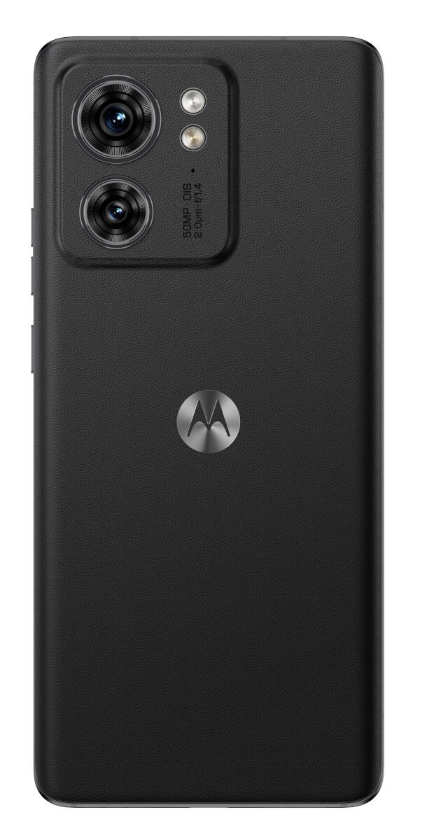 Czarny telefon Motorola, widok z tyłu. Posiada podwójne aparaty, logo Motorola i teksturowane wykończenie.