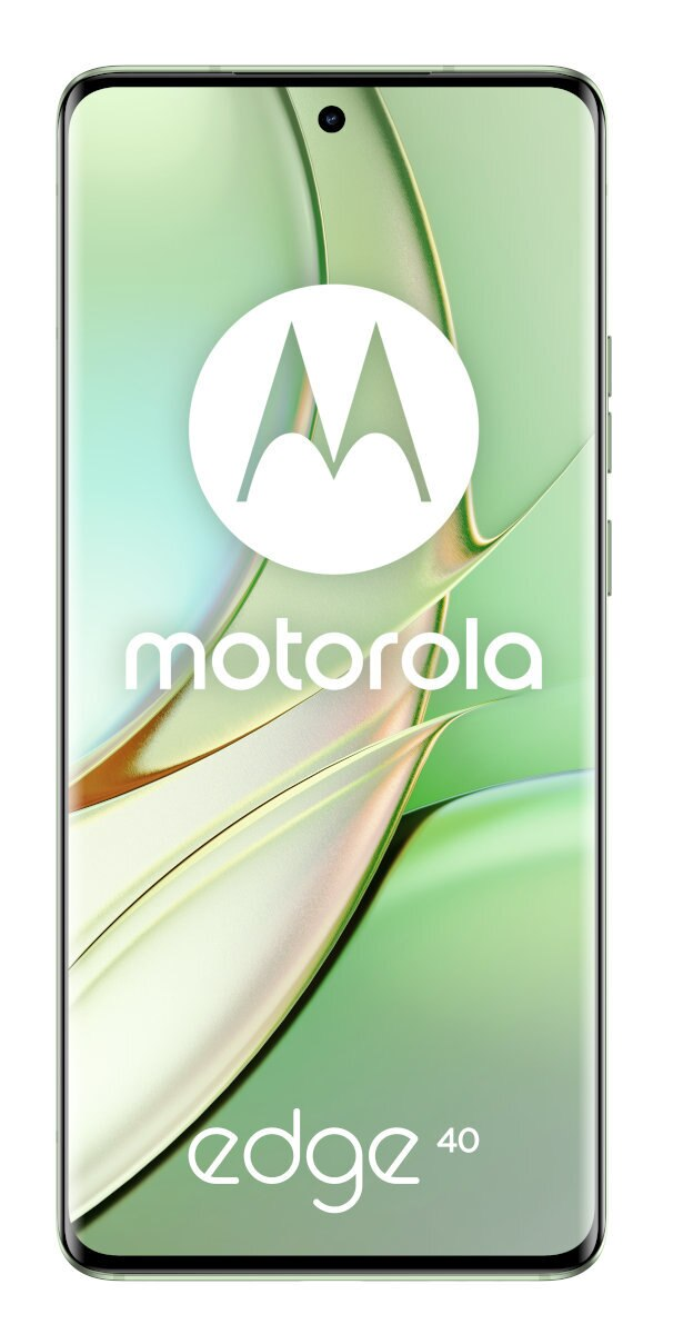 Smartfon Motorola Edge 40, widok z przodu, zielone gradientowe tło, logo i tekst.