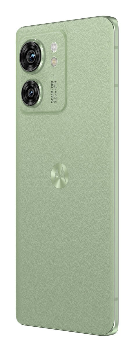 Zielony smartfon z dwoma aparatami i srebrnym logo Motorola. Widok z tyłu, lekko pod kątem.