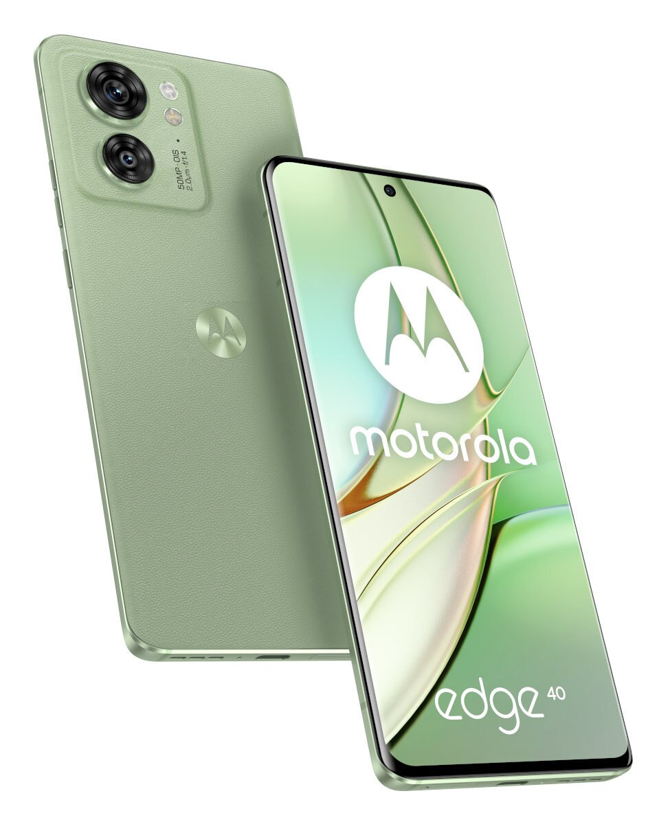 Dwa zielone telefony Motorola edge 40, jeden pokazuje ekran, drugi tył.