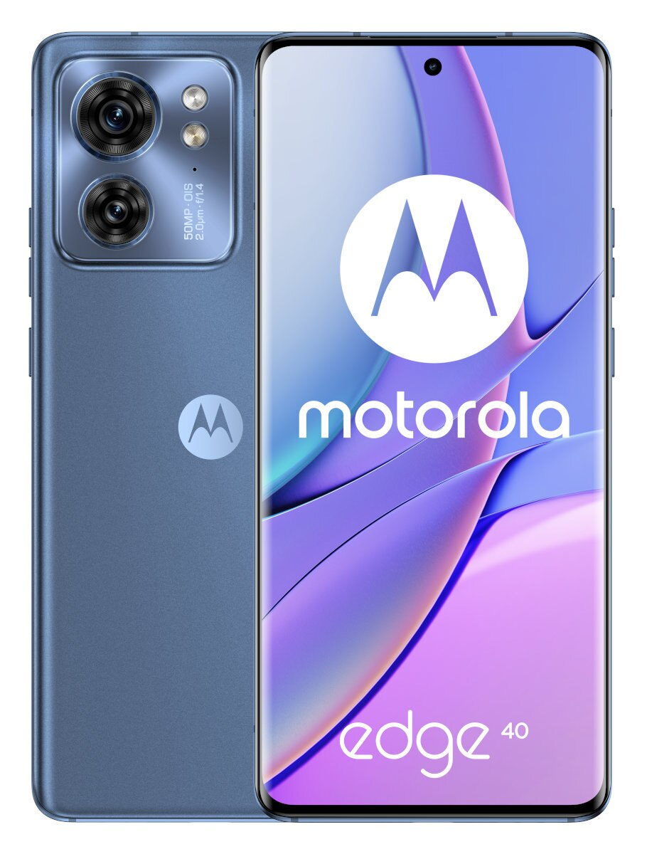 Niebieski telefon Motorola Edge 40 z dwoma aparatami. Ekran wyświetla logo i tekst Motorola.