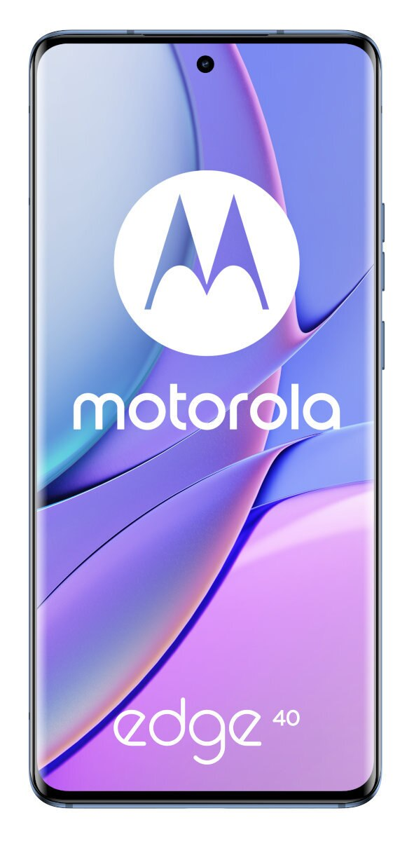 Smartfon z fioletowym tłem na ekranie i logo Motorola.