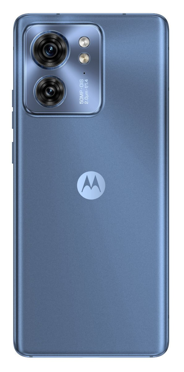 Niebieski smartfon. Podwójny aparat z tyłu, logo Motorola.