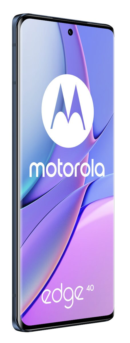 Telefon Motorola Edge 40, widok pod kątem. Niebieska ramka i ekran. Białe logo.