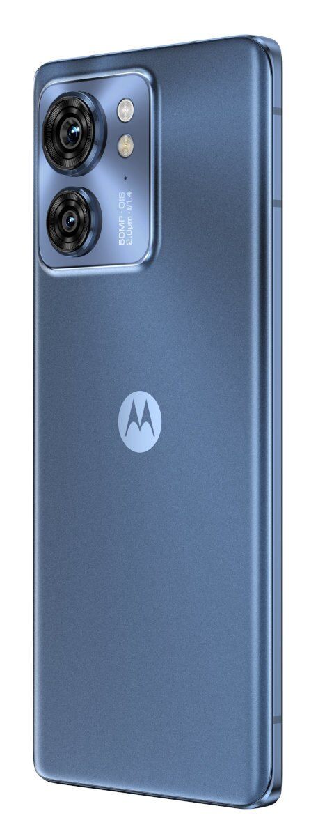 Widok z tyłu niebieskiego telefonu. Dwie kamery, logo Motorola i obrys telefonu. Białe tło.