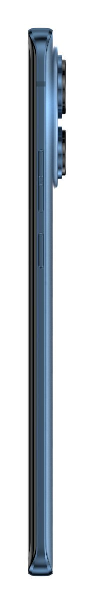 Niebieski smartfon, widok z boku, z dwoma aparatami. Telefon jest elegancki i ma przyciski z boku.