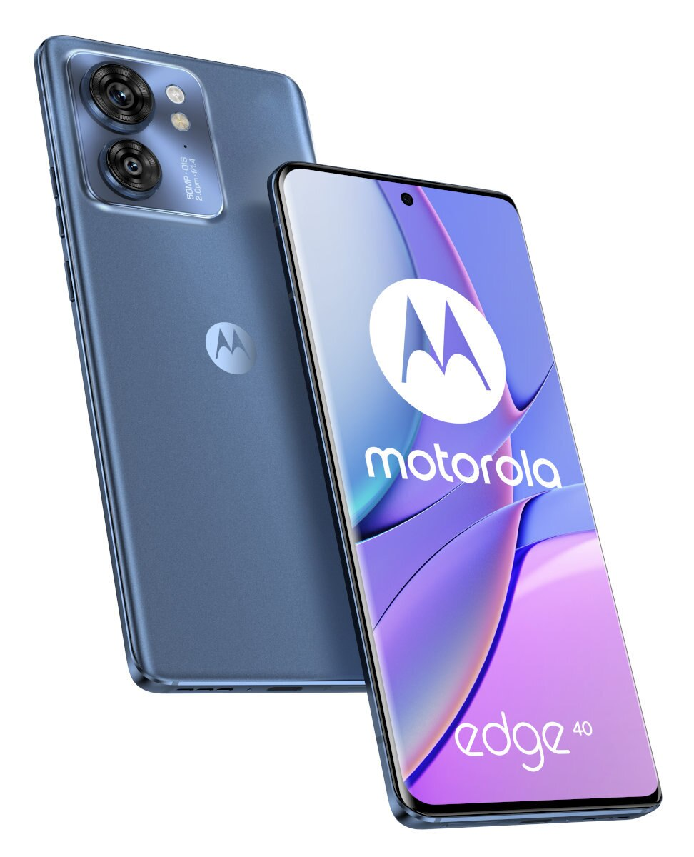 Niebieski smartfon Motorola Edge 40, widok z przodu i z tyłu, na białym tle.