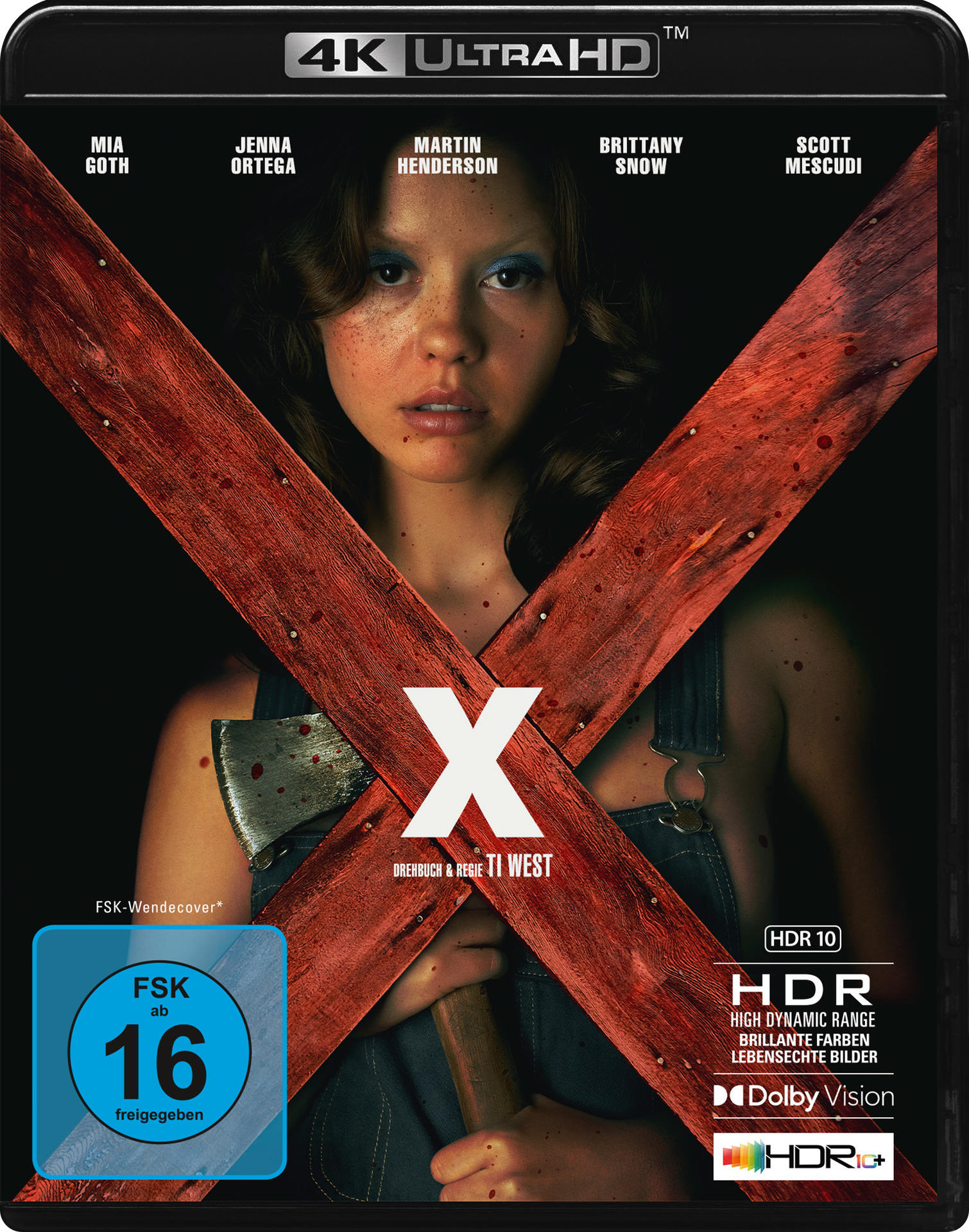 Filmcover. Eine Frau hält eine Axt. Der Titel 'X' ist in Weiß. Namen der Schauspieler stehen oben.