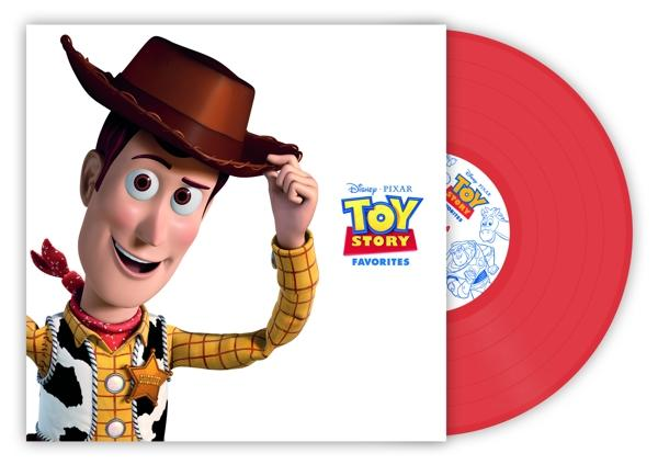 Woody von Toy Story mit einer Vinyl-Schallplatte von Toy Story Favorites. Woody lächelt mit seinem Hut.