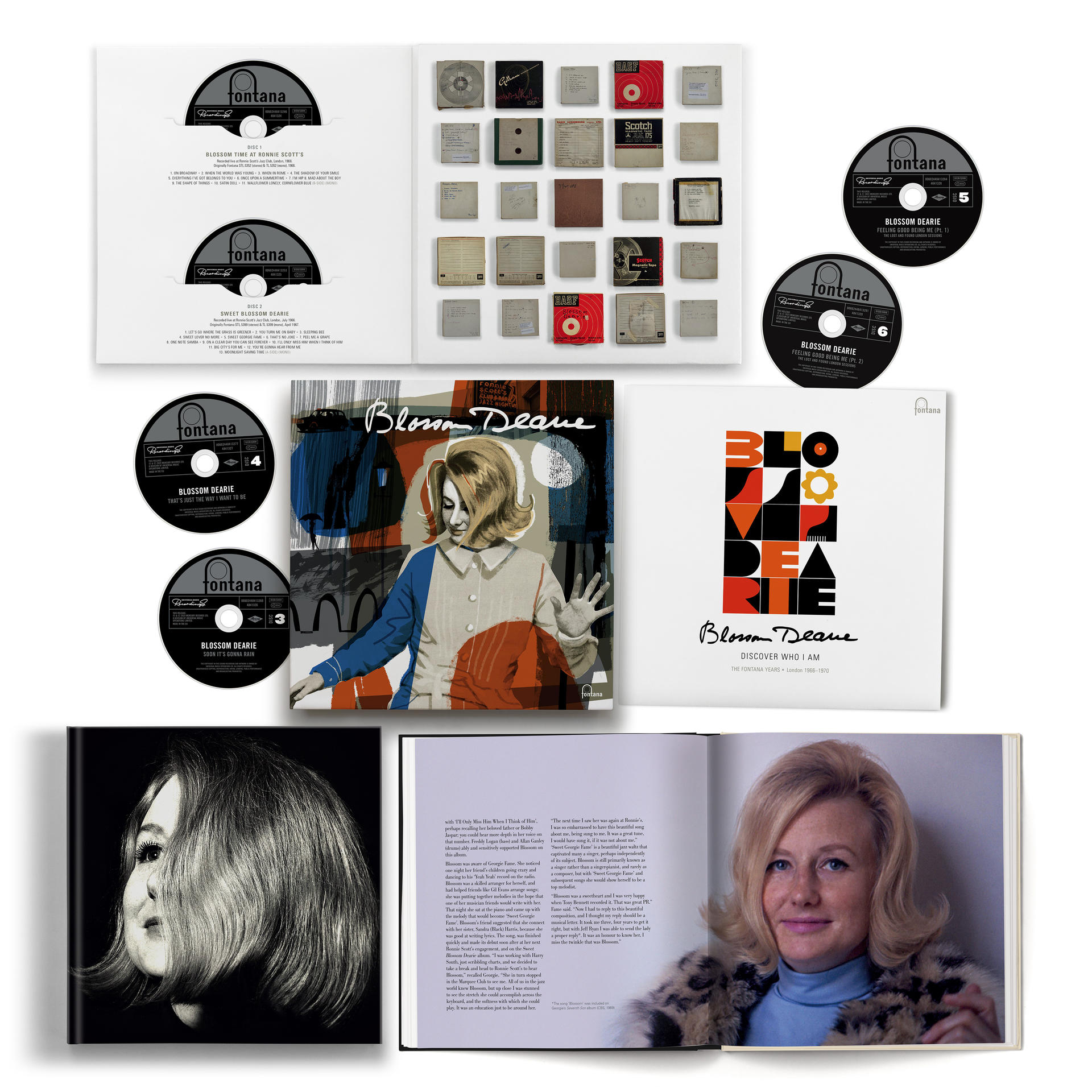 Verschiedene Schallplatten und Hüllen, zusammen mit dem Bild einer Frau und Text in einem offenen Buch.