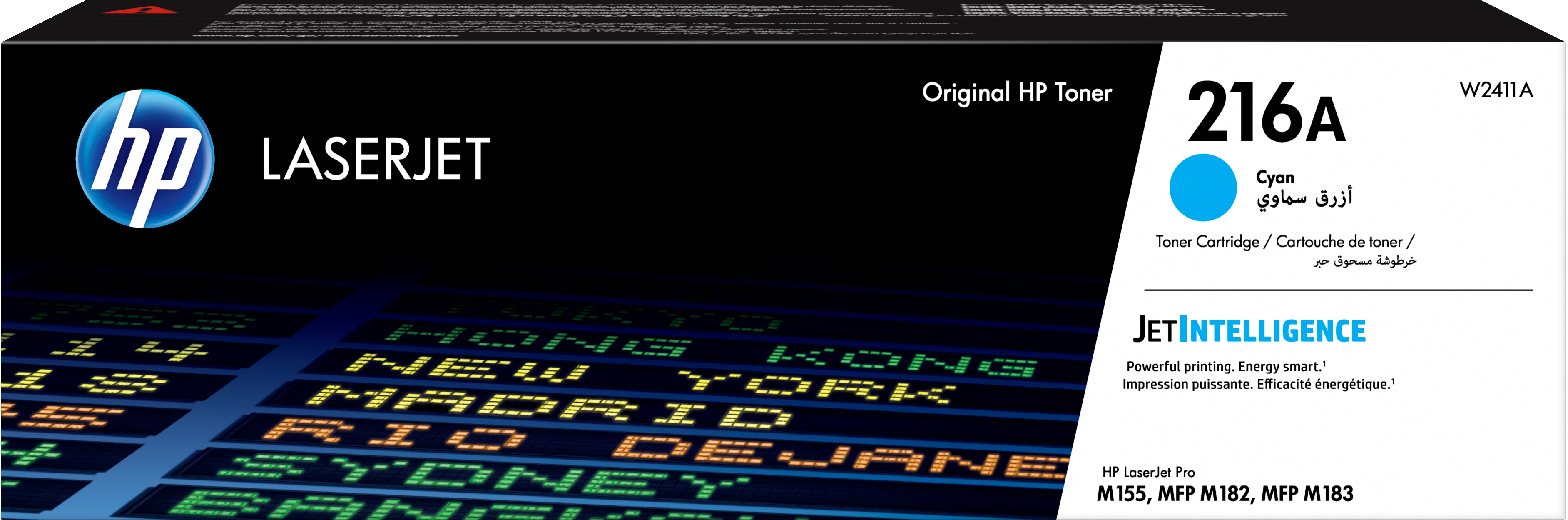 Eine Schachtel mit cyanfarbenem HP-Toner mit einem Weltkartenhintergrund, Text in mehreren Sprachen und dem HP-Logo.